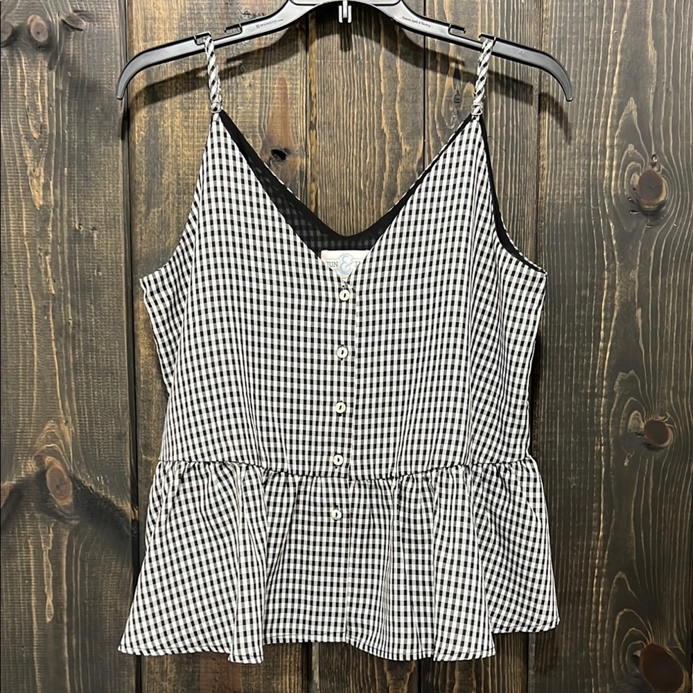 June & Ivy Black‎ White Gingham Plaid Peplum Tank Top M Festival Preppy Neutral